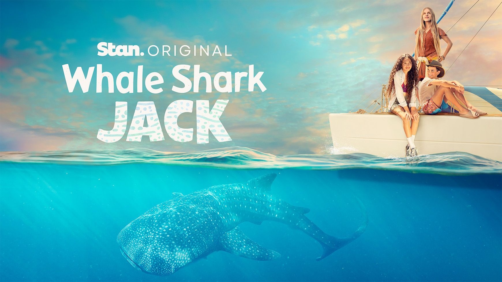 Whale Shark Jack Three people sit on the edge of a sailboat, enjoying a sunny day at sea. Below the surface, a large whale shark swims gracefully through the clear blue water, while the title